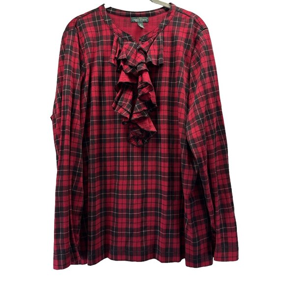 LRL Women's Top Size 3X Plus Red Plaid Ruffle V Neck Long Sleeve 100% Cotton - Picture 1 of 10